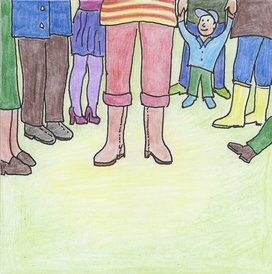 Zeichnung: Beine und Füße von Menschen, die im Kreis stehen